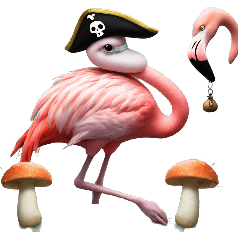 A flamingo pirate hallucinating￼ on mushrooms emoji