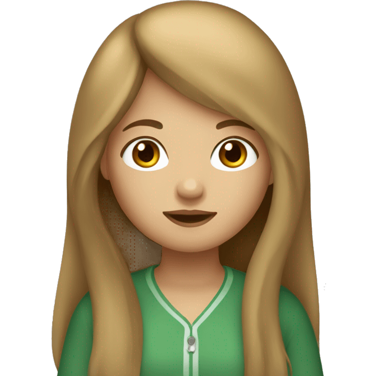 girl with long hair and light brown bangs. Her skin color is very white with a little freckles and her eyes are green and brown. emoji