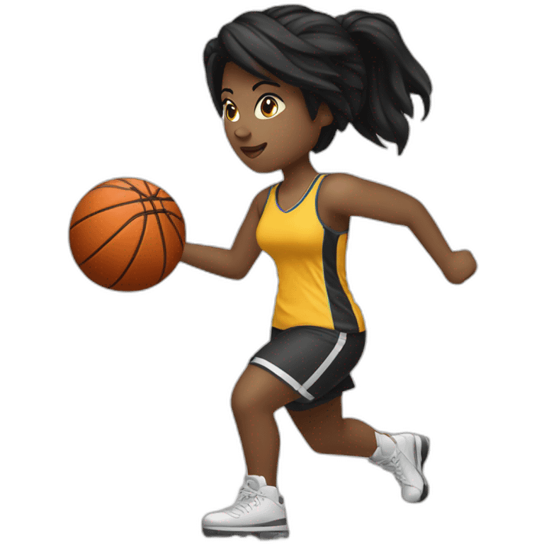 White skin female with black hair playing football with basket ball emoji