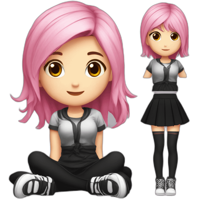 Full body Front view curvy emo girl pink hair sits on the floor straight view hands up black skirt белые трусики рваные полосатые чулки emoji