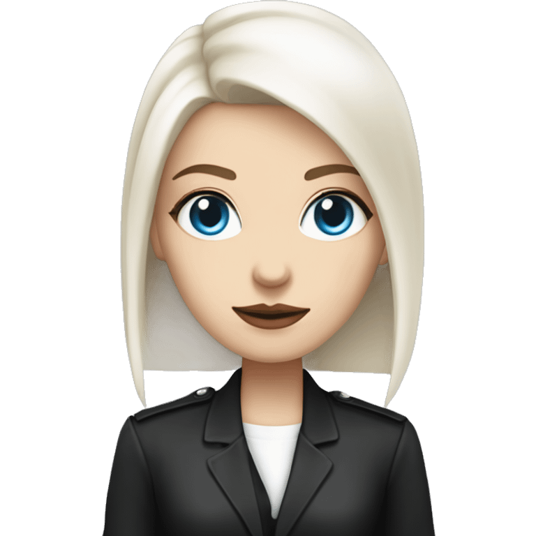 Slavic woman with blue eyes, fair skin, straight gradient medium length hair, goth eyes makeup, dressed in white T-shirt and office black jacket. emoji