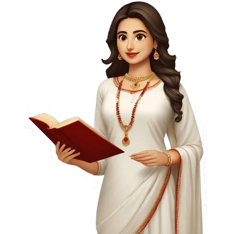 A modern women wearing white Kurti no embroidery red dupatta no jewellery and book in hand emoji