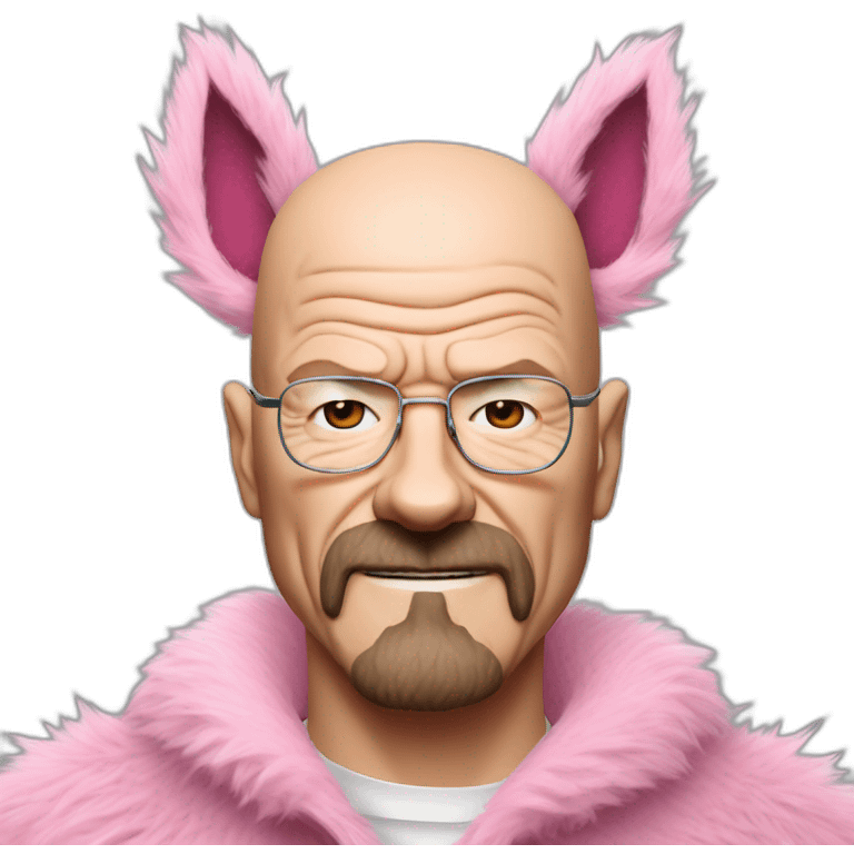 walter white wearing a pink wolf furry suits, slight blush cheeks, expressing a reaction mixed with excitement and embarrassment. emoji