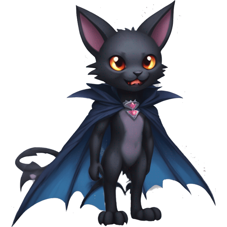   cool edgy beautiful fantasy anime-style dark-punk-themed animal vampiric Nargacuga-cat-hybrid Fakemon with big fangs and bat-wing-ears with a cape full body emoji