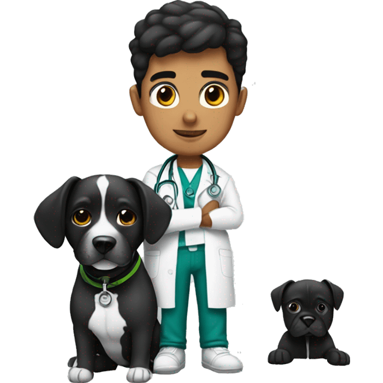 Young Mexican doctor with big black boxer dog with white face emoji