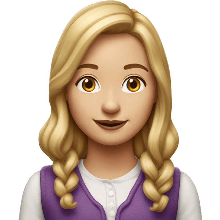 Crear un emoji realista de una chica super alegre, con pelo rubio, rizado, ojos marrones, septum y disfrazada de Willie Wonka emoji