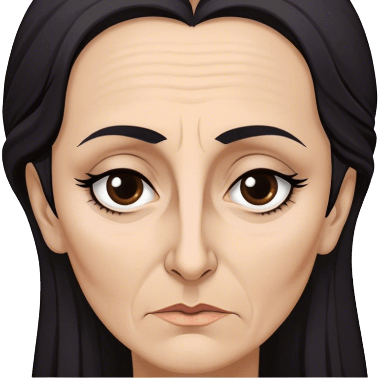 Mirri Maz Duur is a weathered, age 50 woman with deep-set dark eyes, high cheekbones, and a sharp nose, giving her a stern, knowing expression. Her long, unkempt dark hair  falls loosely over her shoulders emoji