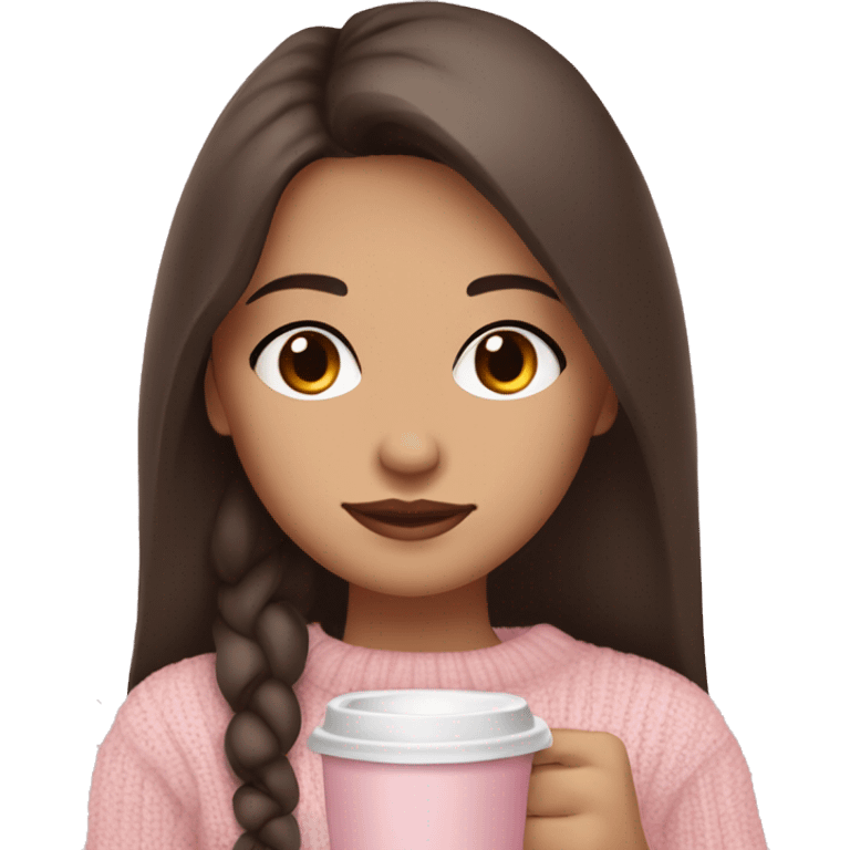 Long dark brown haired girl with dark brown eyes light tan skin and blushing cheeks in a baby pink sweater holding coffee  emoji