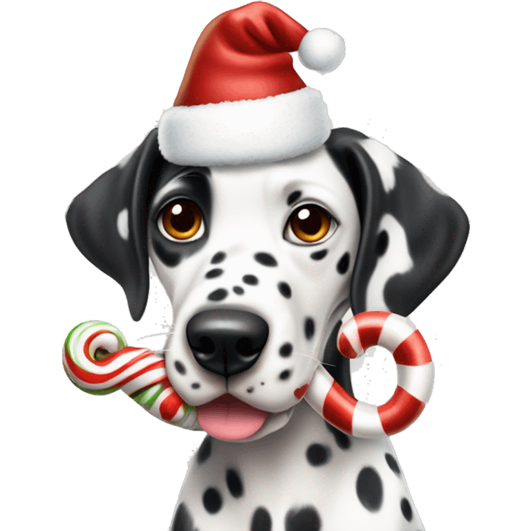 A Dalmatian with brown spots holds a caramel Christmas candy cane in his mouth emoji