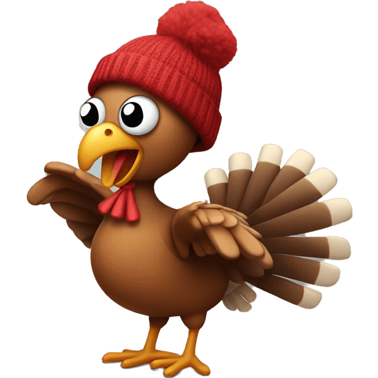 Dancing turkey with a beanie on its head emoji