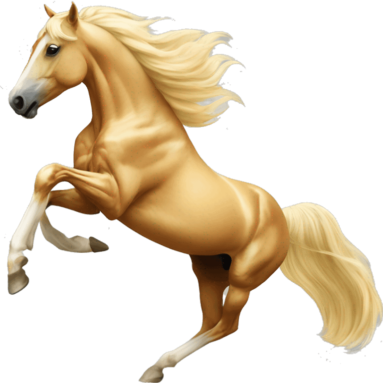 Yellow palomino horse with long flowing mane galloping with prosthetic leg, slender horse, solid yellow horse, running, yellow horse galloping with prosthetic leg, pretty horse emoji