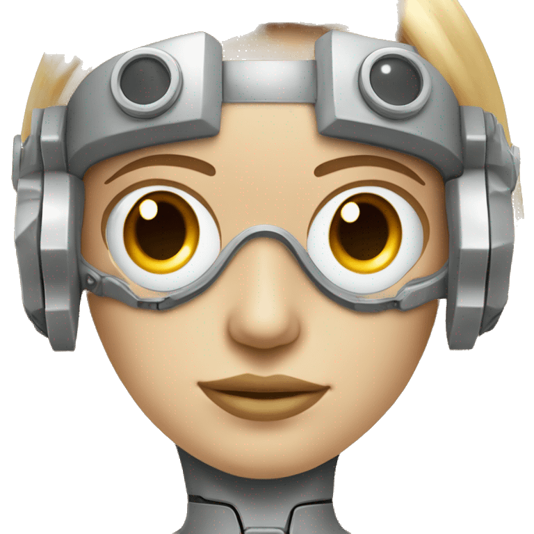 female cyborg head, fair skin, Brown long hair with blonde steaks, space age goggles and circuits emoji