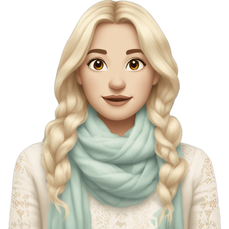 pretty blonde white woman with vanilla girl vibes, wearing a white lace shirt with a soft pastel borwn winter scarf and her hair is decorated with soft pastel sweet vibes ribbon emoji