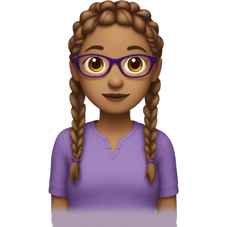 Girl with 2 brown french braids, brown eyes, glasses, and a purple shirt emoji