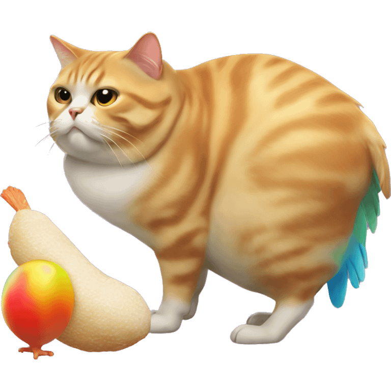 Fat Cat eating a iridescent chicken emoji