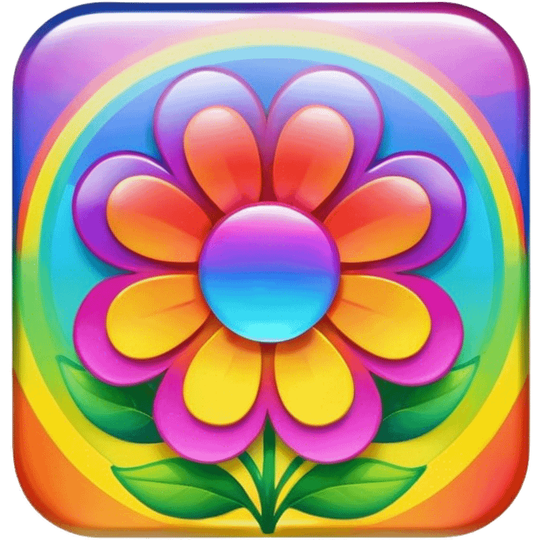 Beveled square shaped psychedelic colored button with rainbow colored flowers in the center emoji