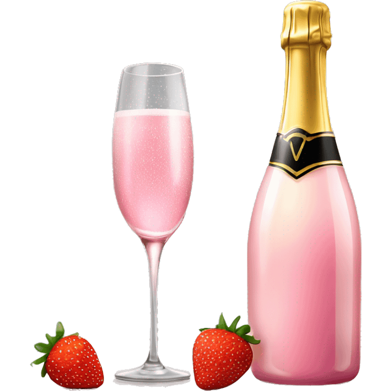 Realistic pink champagne bottle and pink clear glass full of the champagne with a strawberry in it. emoji