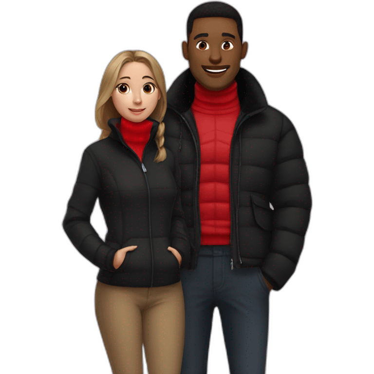 a girl with red turtle neck and a guy next to her with a black puff jacket emoji