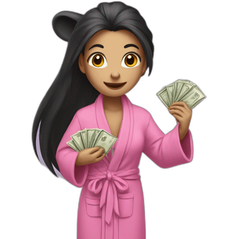 a rat female with a pink bathrobe and long black hairs, holding a bunch of money emoji