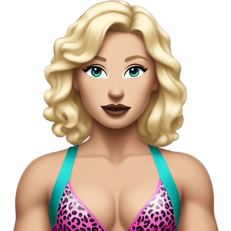 Tall blonde Caucasian muscular woman wrestler with teal eye shadow and big lips wearing a pink leopard print leotard blowing a kiss emoji