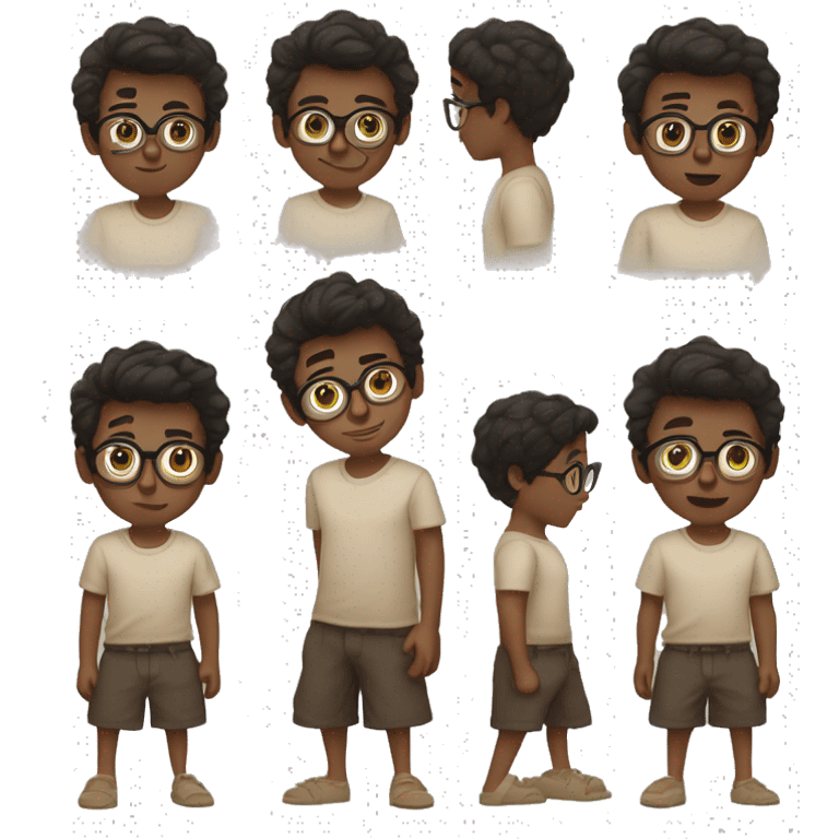 a boy with eye glasses medium dark brown hair a beige t shirt under and on top of it a black shirt with buttons, and some black shorts  emoji