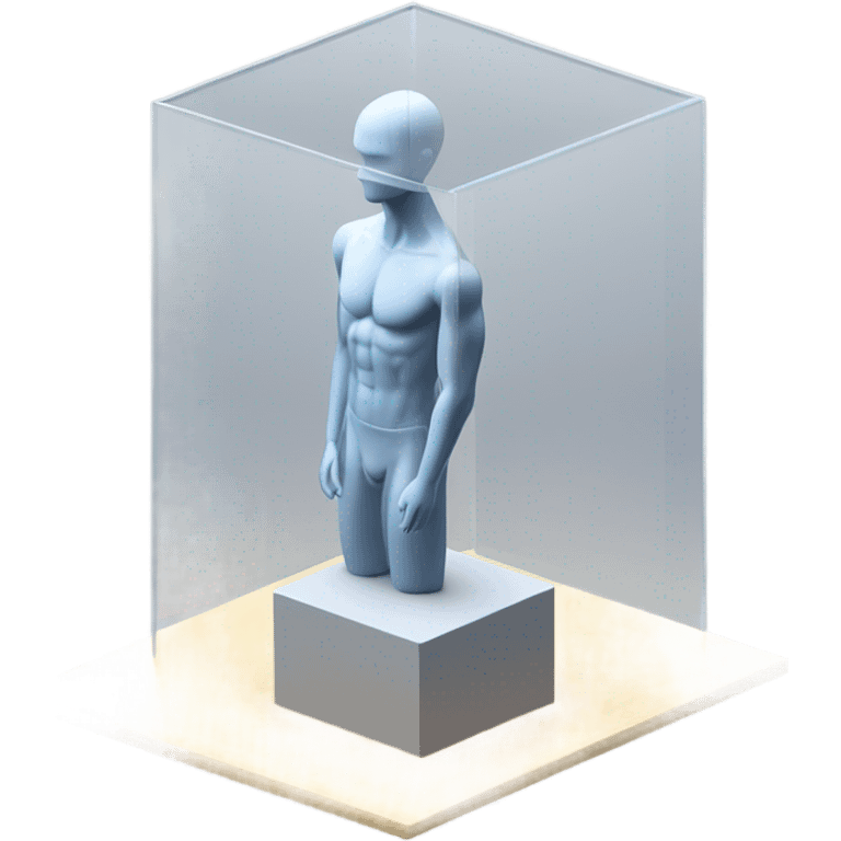 male mannequin abs cubes inside a glass cube on a stand isometric view emoji