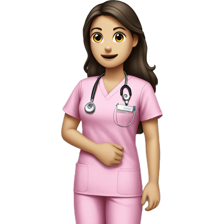 Brunette girl in pink scrubs holding an arm X-ray  emoji