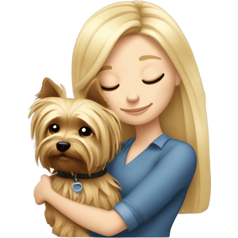 White girl blonde hair closed eyes hugging Yorkshire terrier  emoji