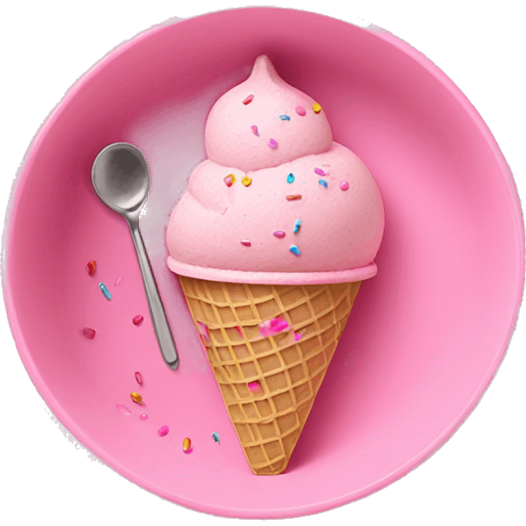 Pink ice cream in bowl with sprinkles and spoon on the side  emoji