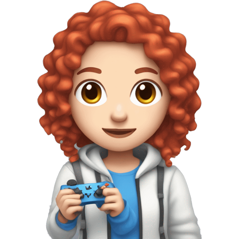 a white girl with long red curly hair, wearing periwinkle Minecraft hoodie holding a controller emoji