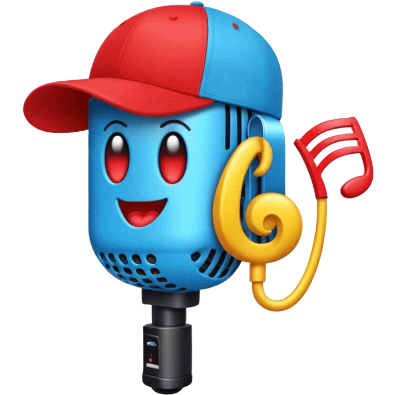 Create a bold and playful emoji that represents beatboxing. The design should feature a microphone with a cap placed on top, with large lips peeking out from under the cap. From the lips, bass clef symbols are bursting outward, symbolizing the vocal percussion and rhythm of beatboxing. Add soundwaves or beat patterns to reflect the energetic and creative nature of the art form. Use vibrant, bold colors like neon blue, red, and yellow to convey the street culture and intensity of beatboxing. The background should be transparent. emoji