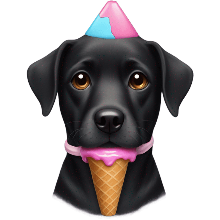 black dog wearing a cone and a donut around her neck emoji