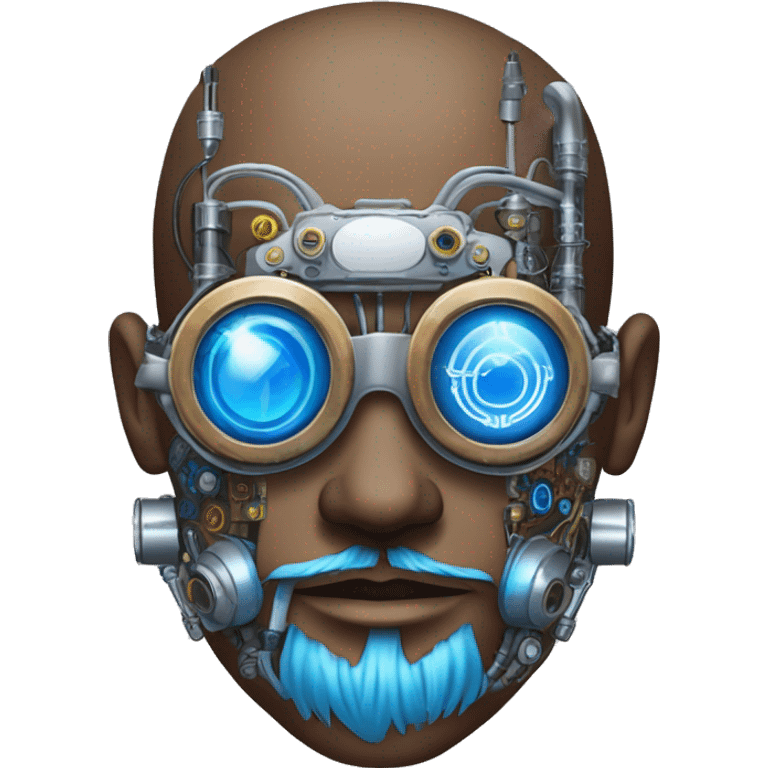 Brown shaved male cyborg head with blue beard, silver steampunk monocle goggles and circuits emoji