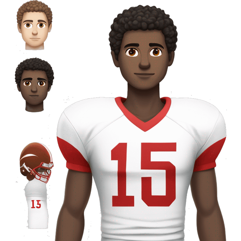 White teenage boy, tall, brownish black curly hair, dark brown eyes, medium to pale skin tone, white base football jersey with a red number 15 serious emoji