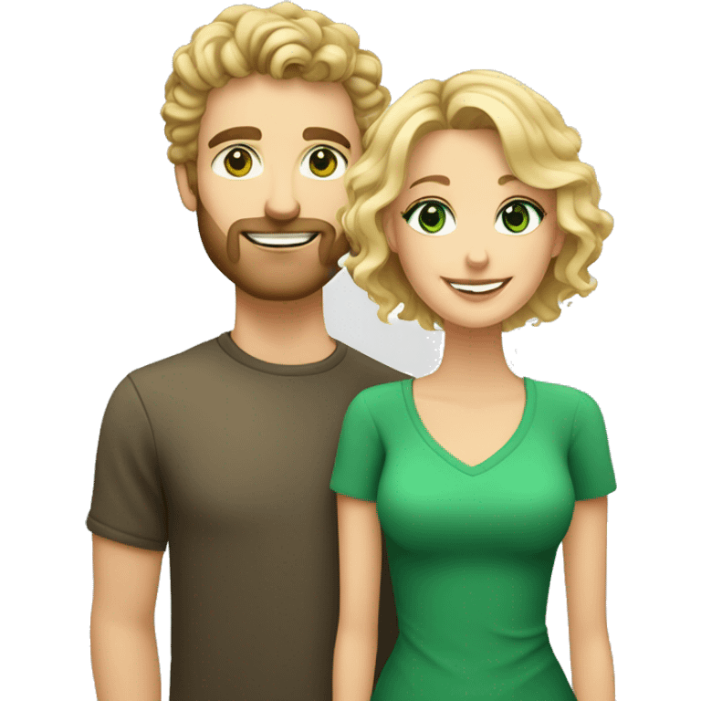 Smiling couple blonde woman with curly hair and green eyes and handsome man with short dark hair and short mustache and beard  emoji