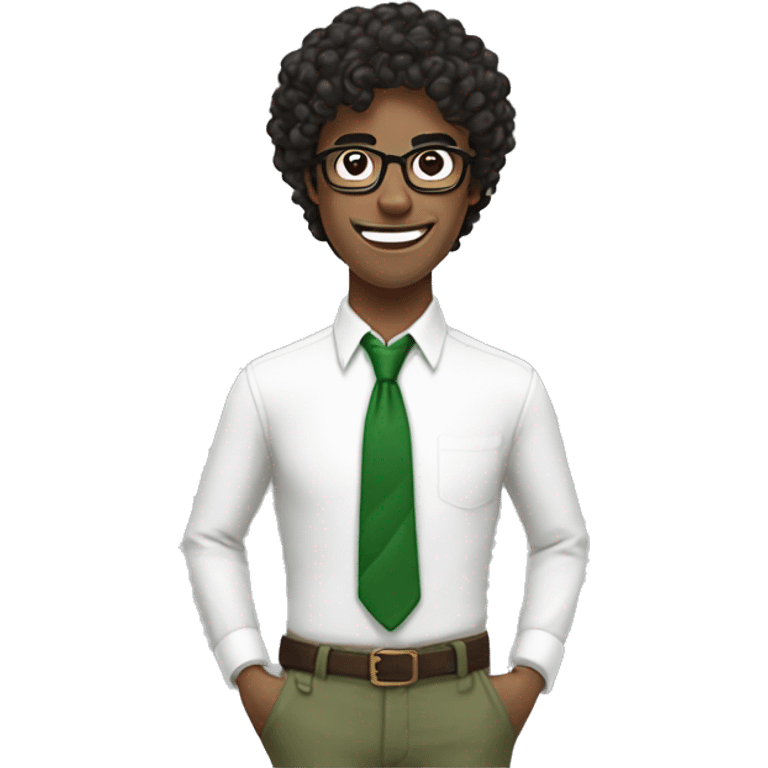 british guy with spectacle, wearing white button up shirt, green pants, red and green tie, brown belt, curly black hair, bad teeth, pointy nose, emoji