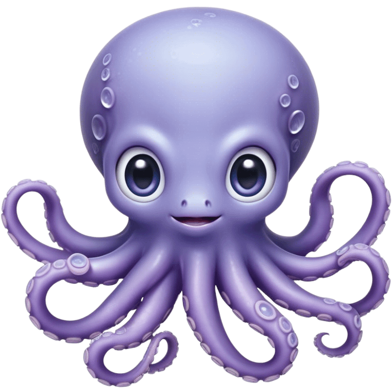 Cinematic Cute Baby Octopus Portrait Emoji, Head tilted slightly in a curious and endearing way, featuring a smooth, rounded light blue-purple body with enormous, sparkling eyes filled with warmth and innocence, delicate tentacles curling playfully, Simplified yet irresistibly adorable features, highly detailed, glowing with a soft, dreamy marine glow, high shine, affectionate and gentle, stylized with a touch of whimsical deep-sea charm, soft glowing outline, capturing the essence of a tiny, inquisitive octopus that looks ready to gently drift into your heart! emoji