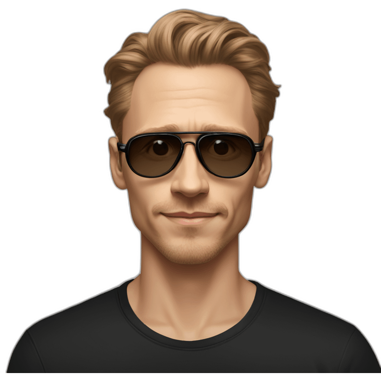 Light Brown guy, hair nose and lips like Tom Hiddleston, no facial hair, transparent aviator glasses, black t shirt emoji