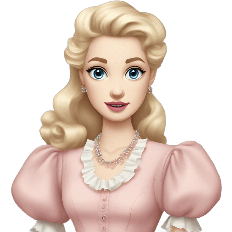 girl blonde hair pale skin blue eyes. Pink lips blush Smokey eye skinny nose siren eyes (but not too much). Vintage blowout with long hair not too curly.  light pink dress, puffed sleeves, dainty choker necklace (think Versailles but not too much).  emoji