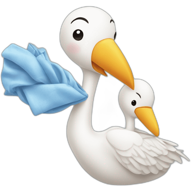 stork delivering a white human baby boy in fabric held in its beak you can see the baby head from the fabric with a smile emoji