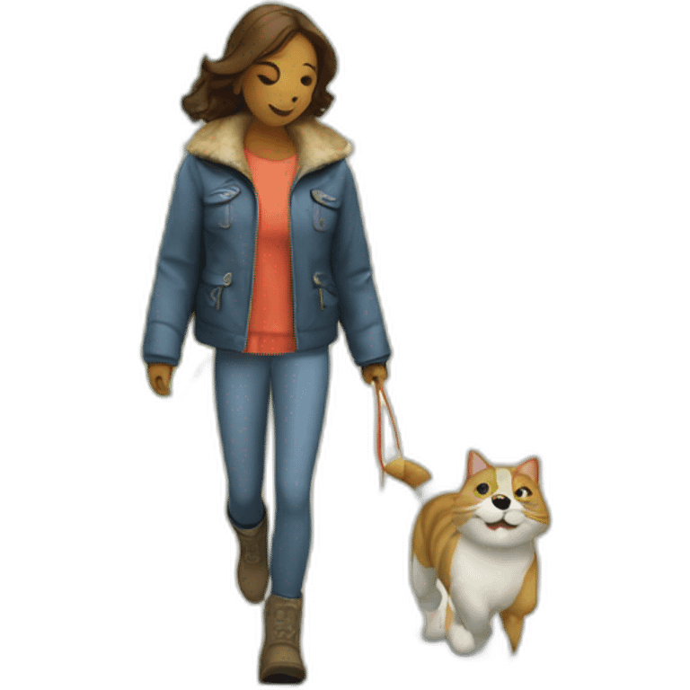 A cat wearing jacket and boots walking with a dog in the park emoji