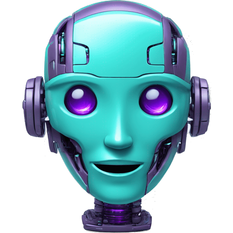 Smily face robotic scanning device, cyberpunk, cyan and purple colors, friendly, futuristic, binary code emoji