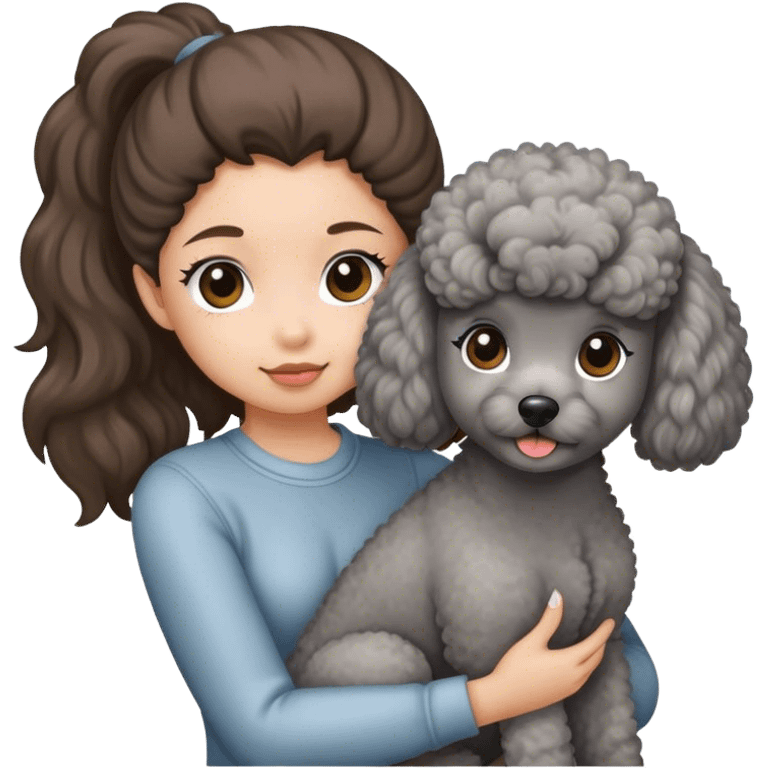 A girl with a brown ponytail holding a grey poodle emoji