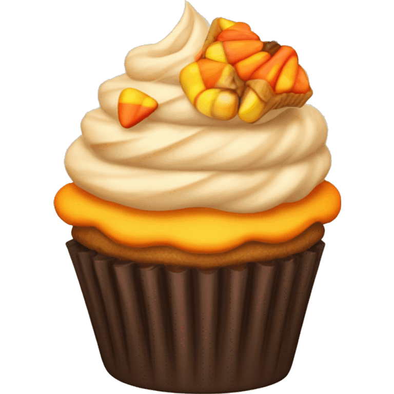 A cupcake decorated with tiny candy corn, autumn leaves, and a swirl of orange frosting. emoji