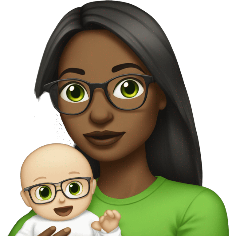 Black not that long straight hair with green eyes and glasses, big lips white girl holding one year old green eyes white baby son emoji