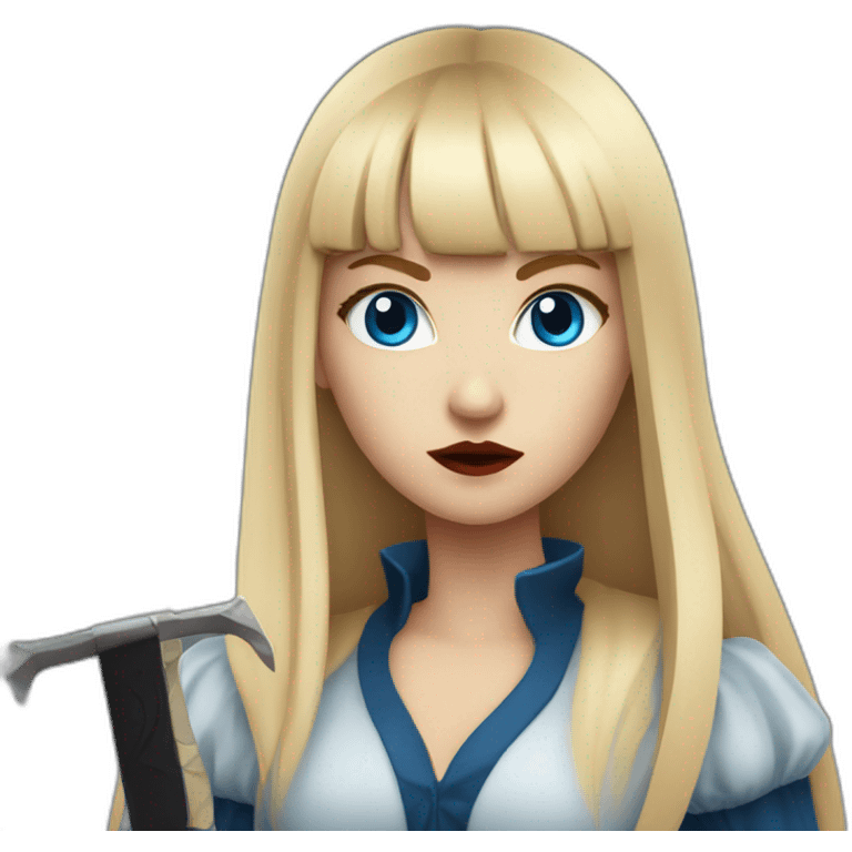 beautiful vampire woman with long blonde hair and blonde straight bangs and blue eyes wielding knives serious expression emoji