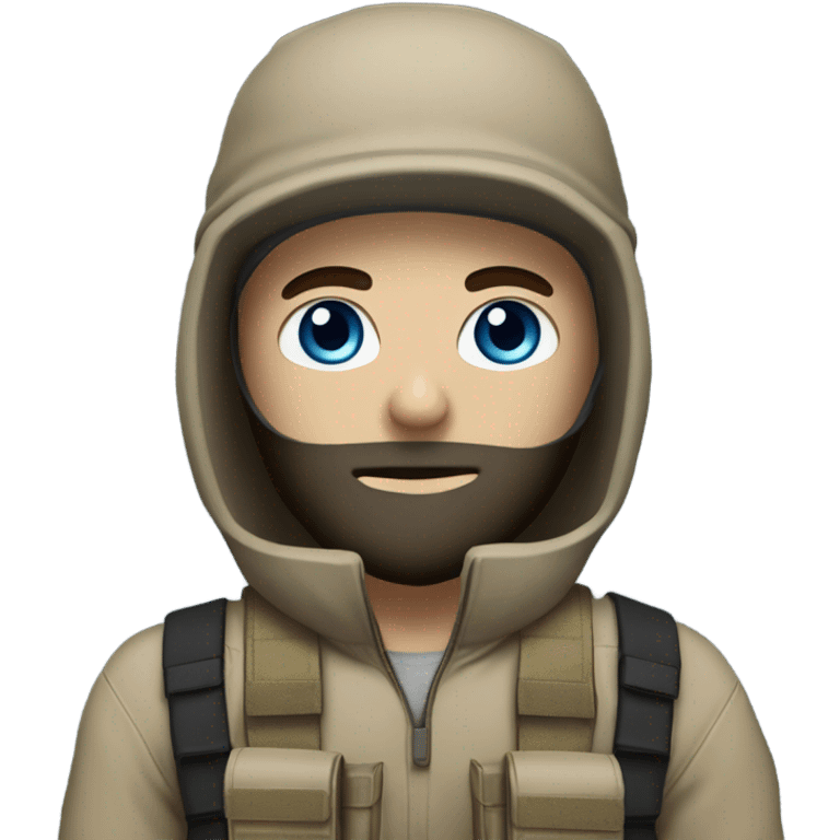 White male, face mask, tan tactical gear, tan pants, combat boots, black beanie, blue eyes emoji