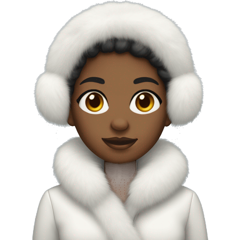 black girl wearing white fur coat and ear muffs emoji