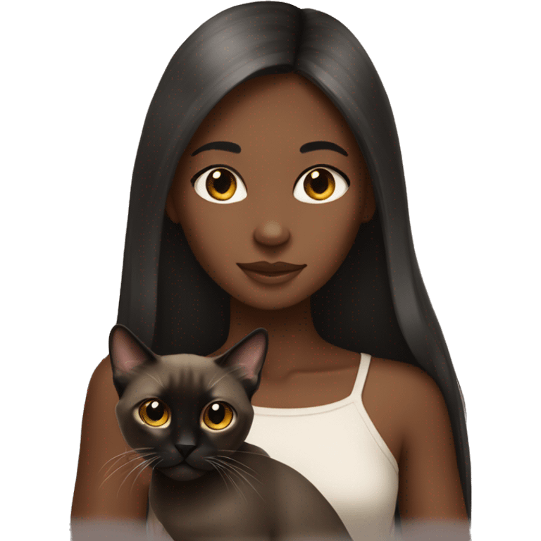 Dark-skined girl long hair with siamese cat emoji