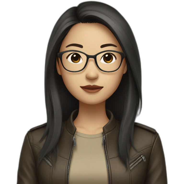 asian girl with glasses and a leather jacket with a  khaki shirt and long dark hair emoji